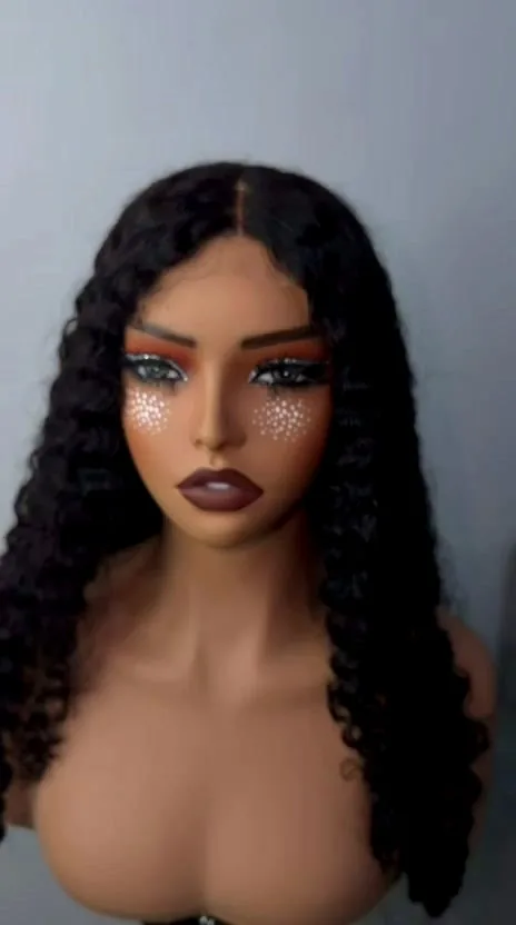 Long deep curly raw donor hair unit styled on a mannequin, B-Hairline hero